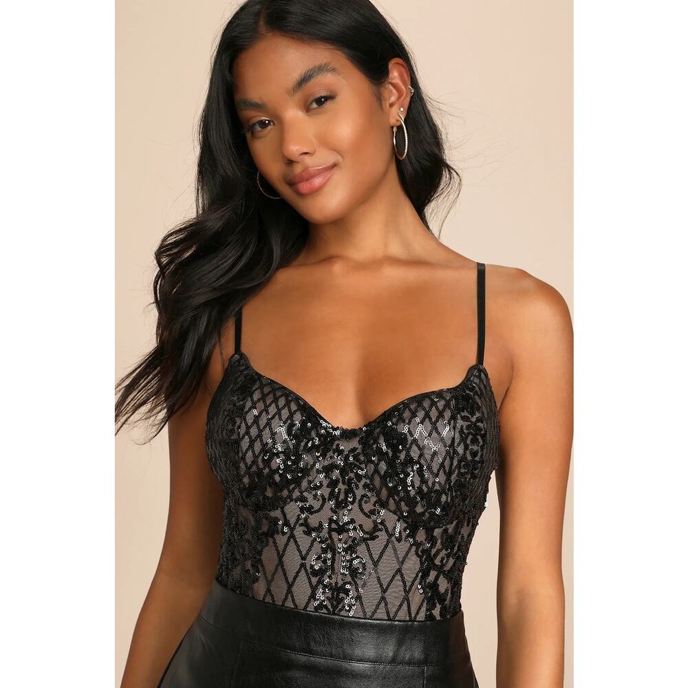 NEW Lulus Purely Passionate Beige and Black Sequin Bustier Bodysuit M